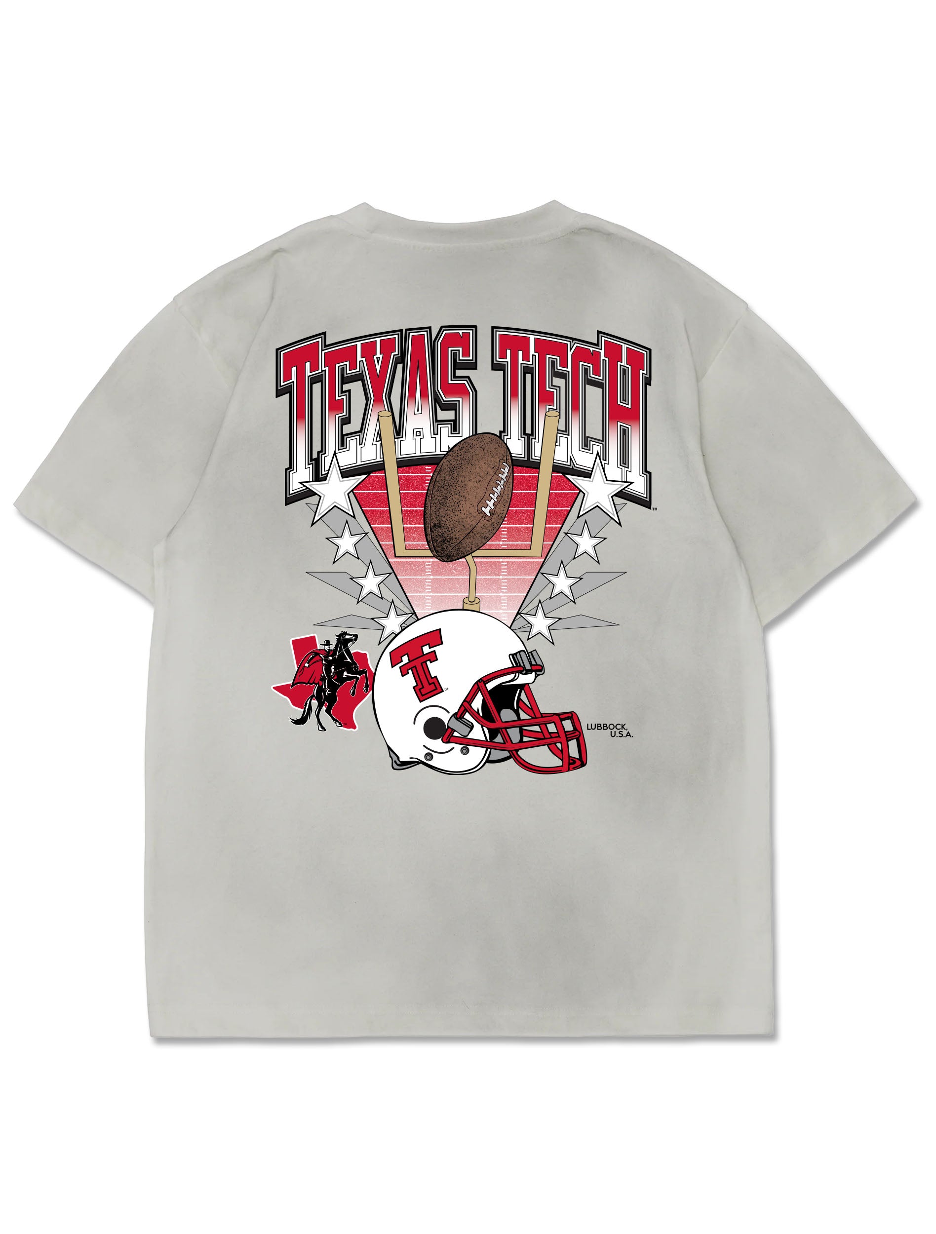 Back of an off-white tee with TEXAS TECH arched over a football sailing through goal posts, a throwback Double T helmet, the Masked Rider over Texas and LUBBOCK, U.S.A.