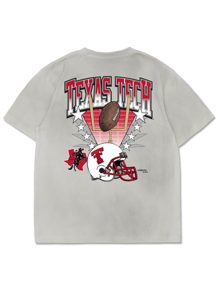 Back of an off-white tee with TEXAS TECH arched over a football sailing through goal posts, a throwback Double T helmet, the Masked Rider over Texas and LUBBOCK, U.S.A.