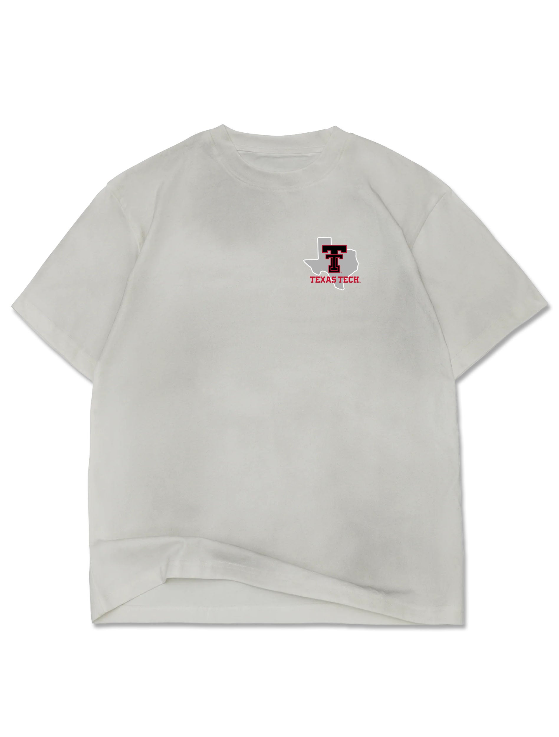 Front of an off-white tee with the throwback Double T over a grey state of Texas and TEXAS TECH in red on the left chest