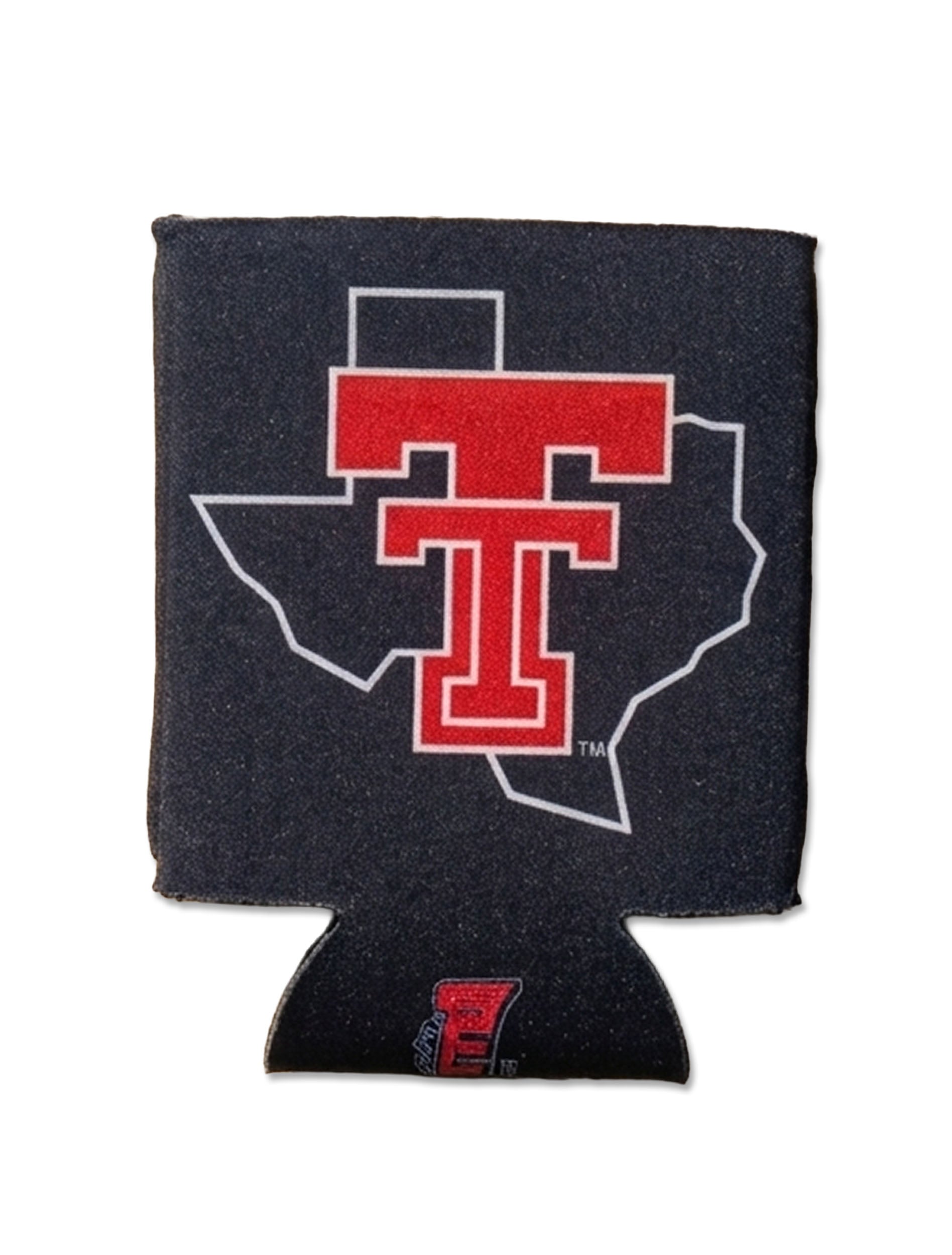 Black Texas Tech collapsible can cooler with the state of Texas outlined in white and a red throwback Double T layered over it