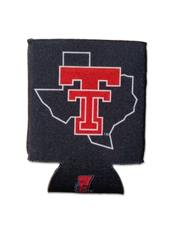 Black Texas Tech collapsible can cooler with the state of Texas outlined in white and a red throwback Double T layered over it