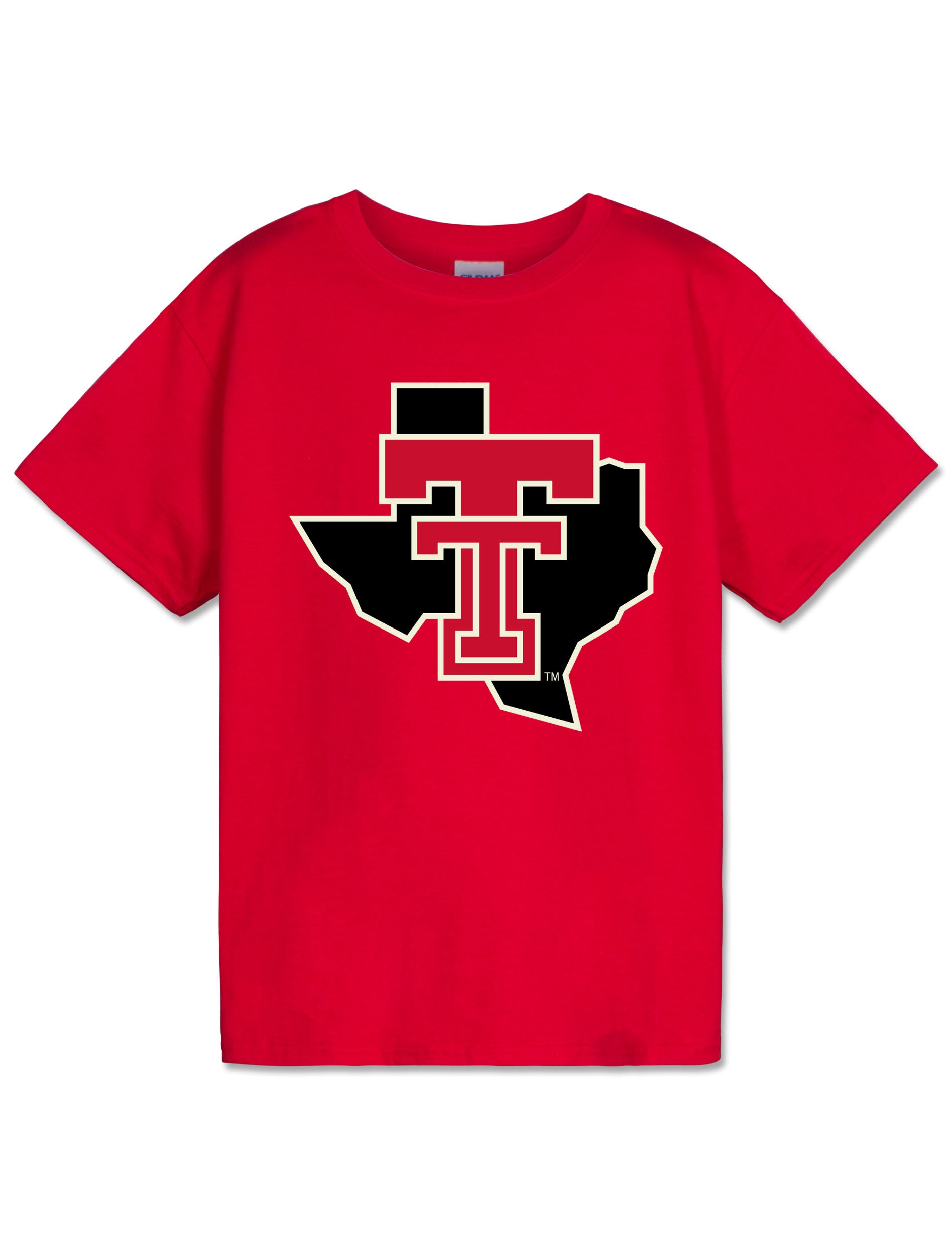 Red Texas Tech youth short sleeve t-shirt with the state of Texas in black and a throwback Double T layered over it, centered on the chest