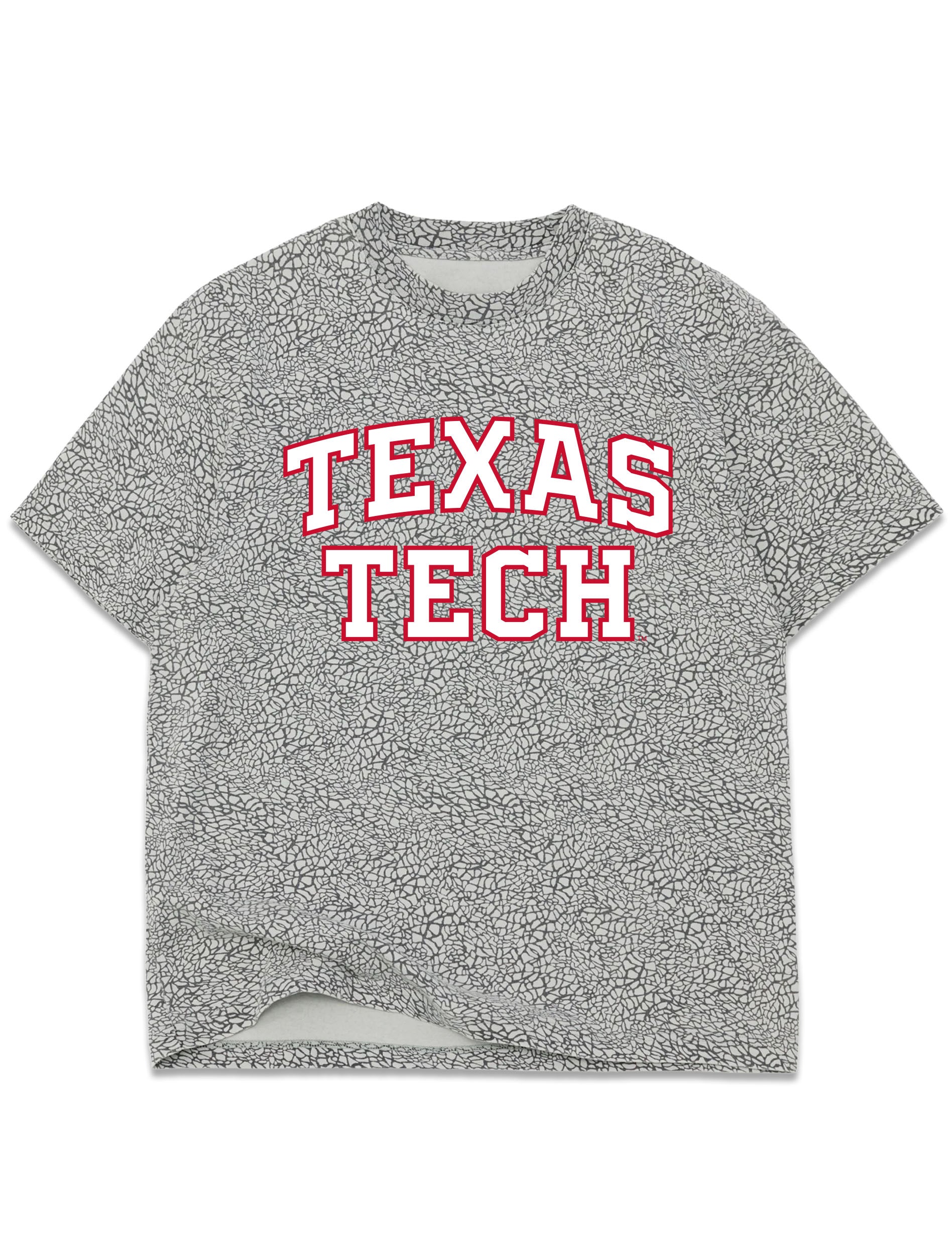 Grey elephant print Texas Tech tee with TEXAS arched over TECH in white block letters outlined in red