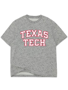 Grey elephant print Texas Tech tee with TEXAS arched over TECH in white block letters outlined in red