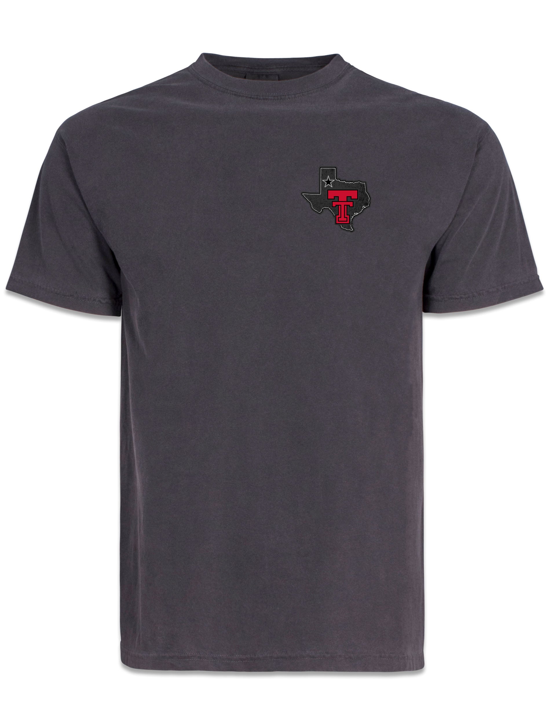 Front of the washed charcoal Texas Tech tee with a small Texas outline and red Double T on the left chest