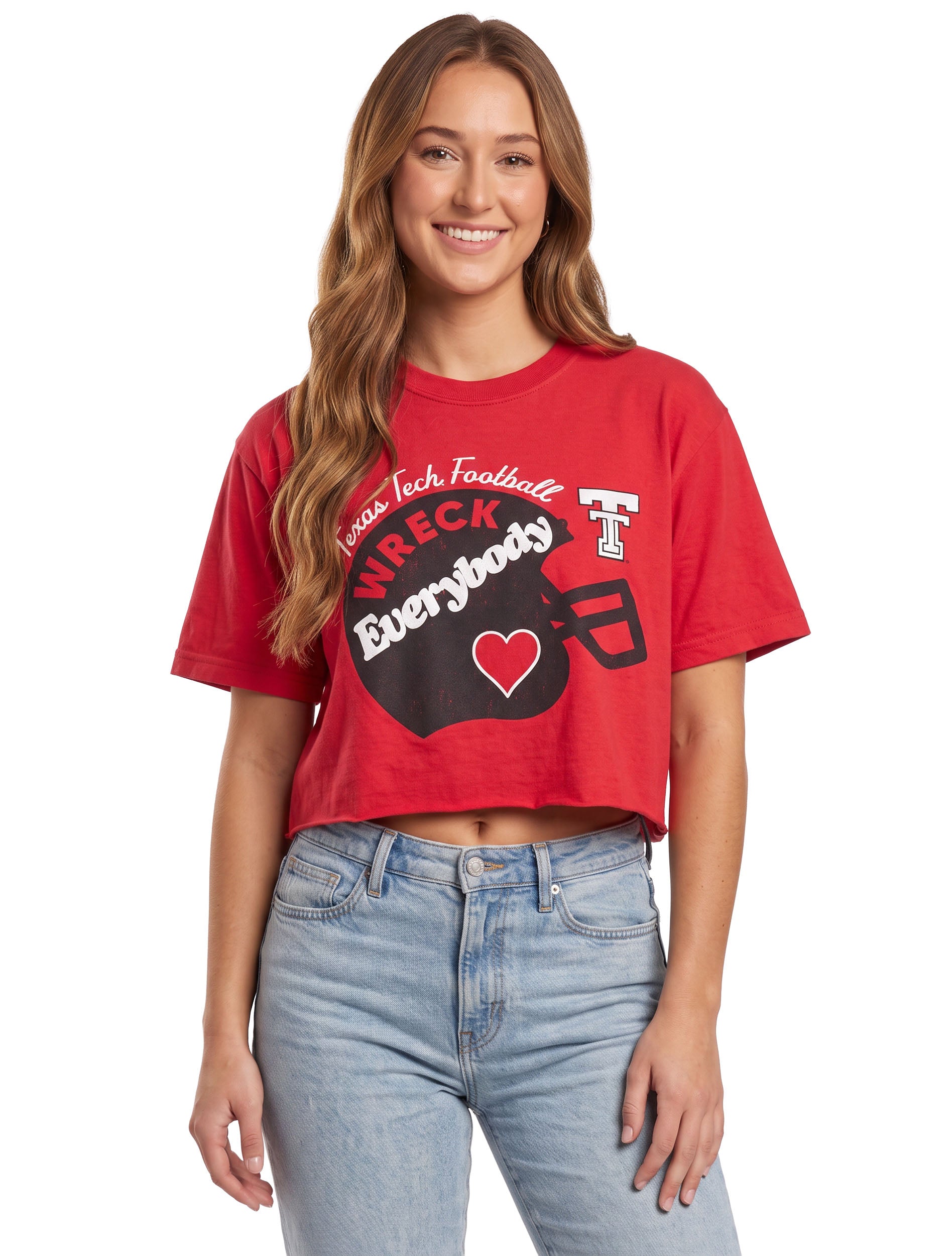Red Texas Tech crop tee with a black football helmet across the front reading Wreck Everybody in puff print