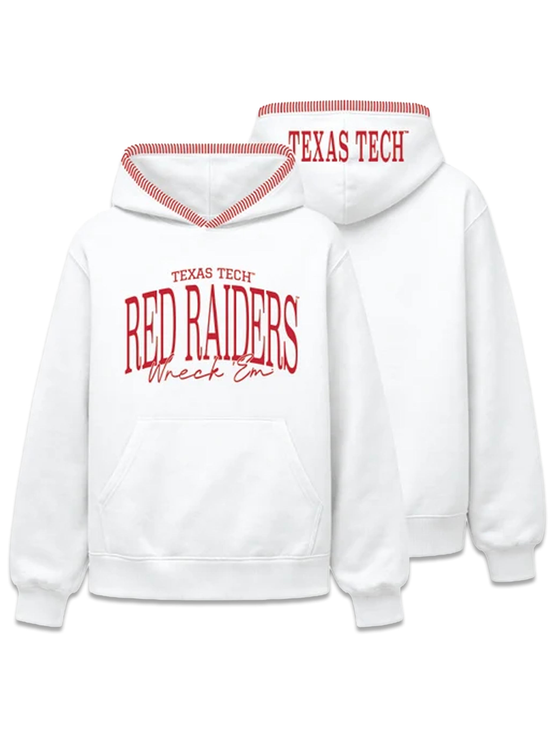 White Texas Tech hoodie with RED RAIDERS and Wreck 'Em script on the front, red and white striped hood trim, and TEXAS TECH across the back of the hood