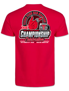 Back of the red Texas Tech gameday t-shirt with TEXAS TECH RED RAIDERS arched over a Guns Up hand wearing the Big 12 championship ring, BIG 12 CONFERENCE CHAMPIONSHIP in chrome lettering, and SEPTEMBER 5TH, 2026 VS. ABILENE CHRISTIAN beneath