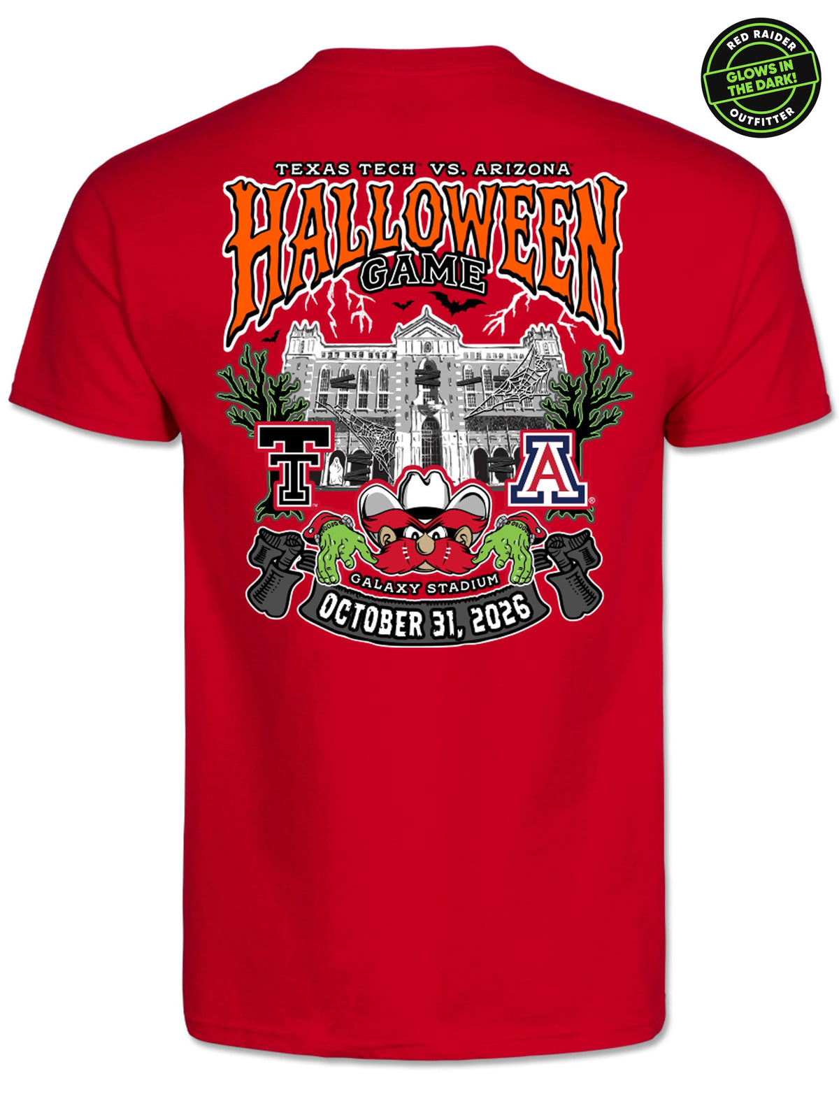 Red Texas Tech vs Arizona Halloween gameday tee, back view, with a badge noting the design glows in the dark