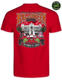 Red Texas Tech vs Arizona Halloween gameday tee, back view, with a badge noting the design glows in the dark