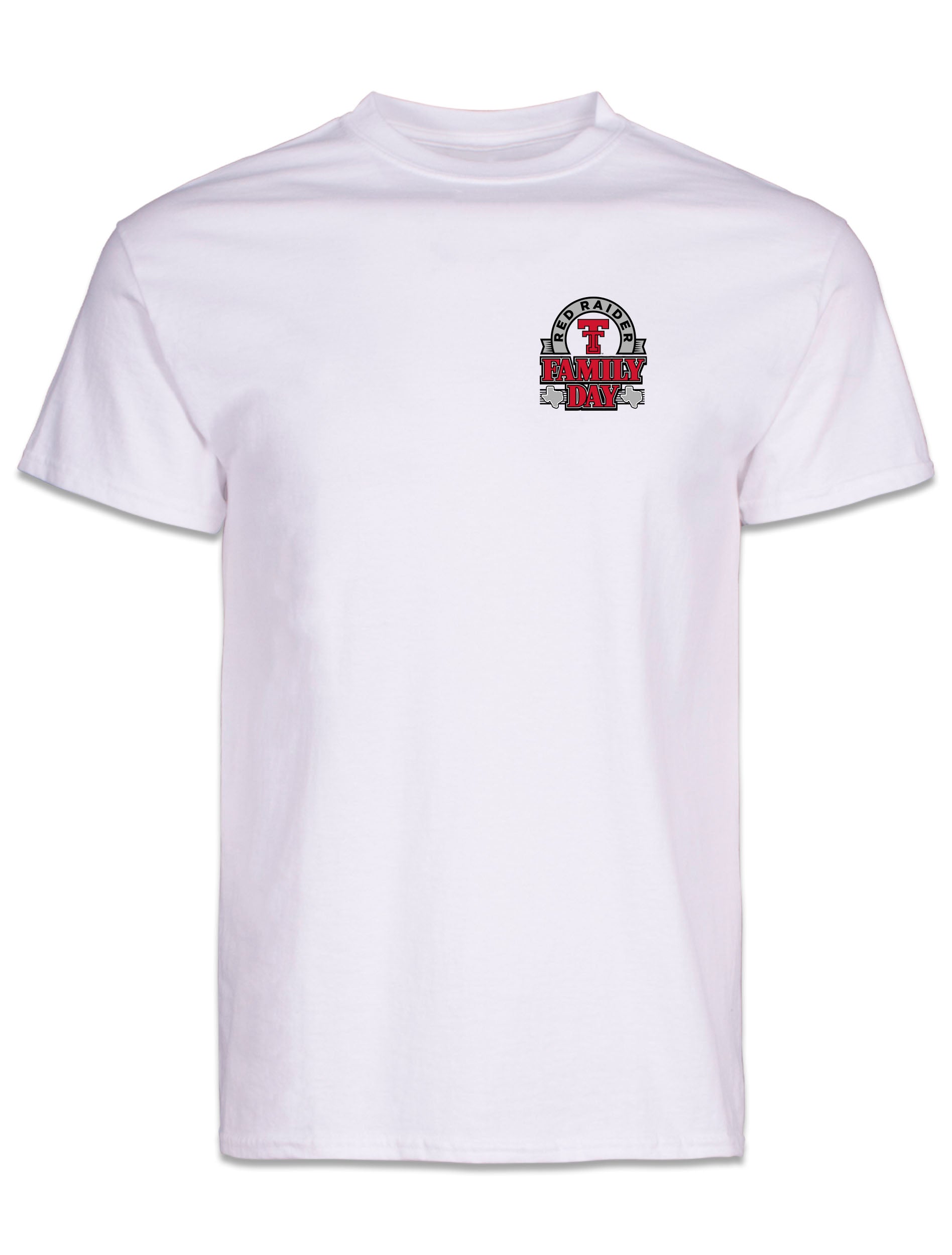 Front of the white Texas Tech tee with a small RED RAIDER FAMILY DAY badge and Double T on the left chest