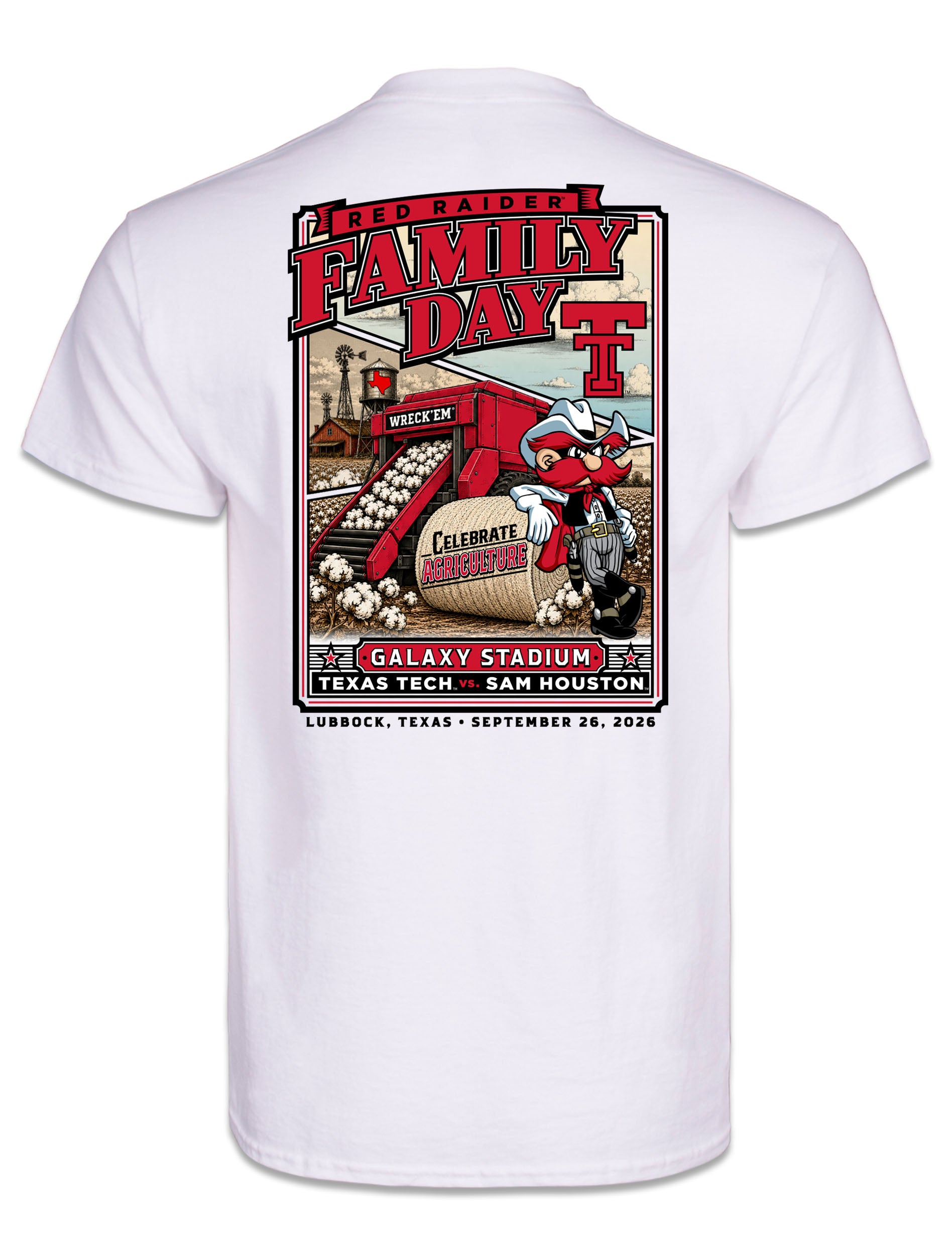 Back of the white Texas Tech tee with a Family Day poster: Raider Red leaning on a cotton module by a cotton stripper, above GALAXY STADIUM and TEXAS TECH VS. SAM HOUSTON, September 26, 2026