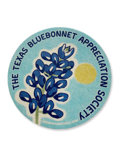 Vinyl decal reading “Bluebonnet Appreciation Society” with illustrated Texas bluebonnets and vintage-style lettering