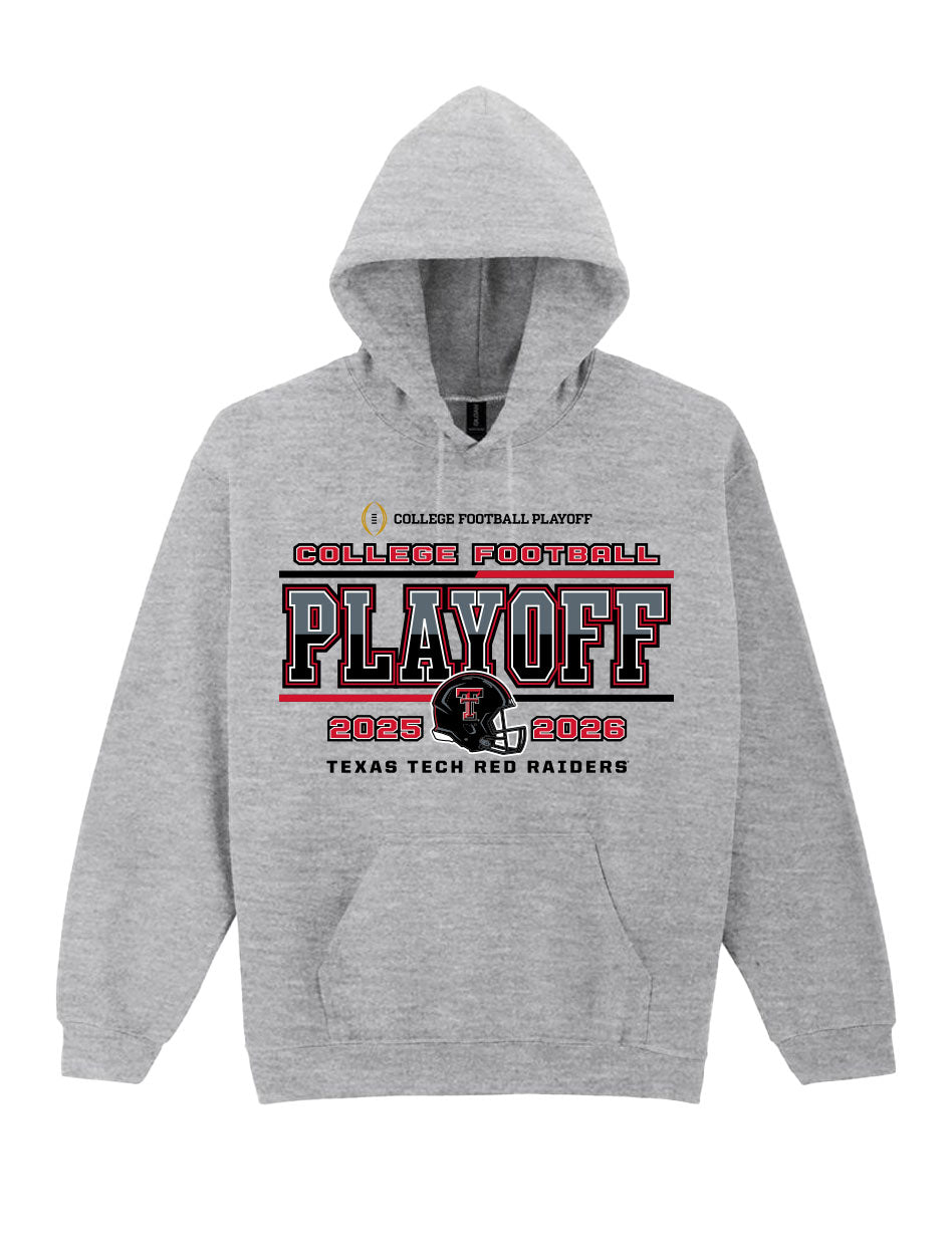 Texas Tech Red Raiders College Football Playoff (CFP) pullover hooded sweatshirt with postseason graphic and Texas Tech branding.