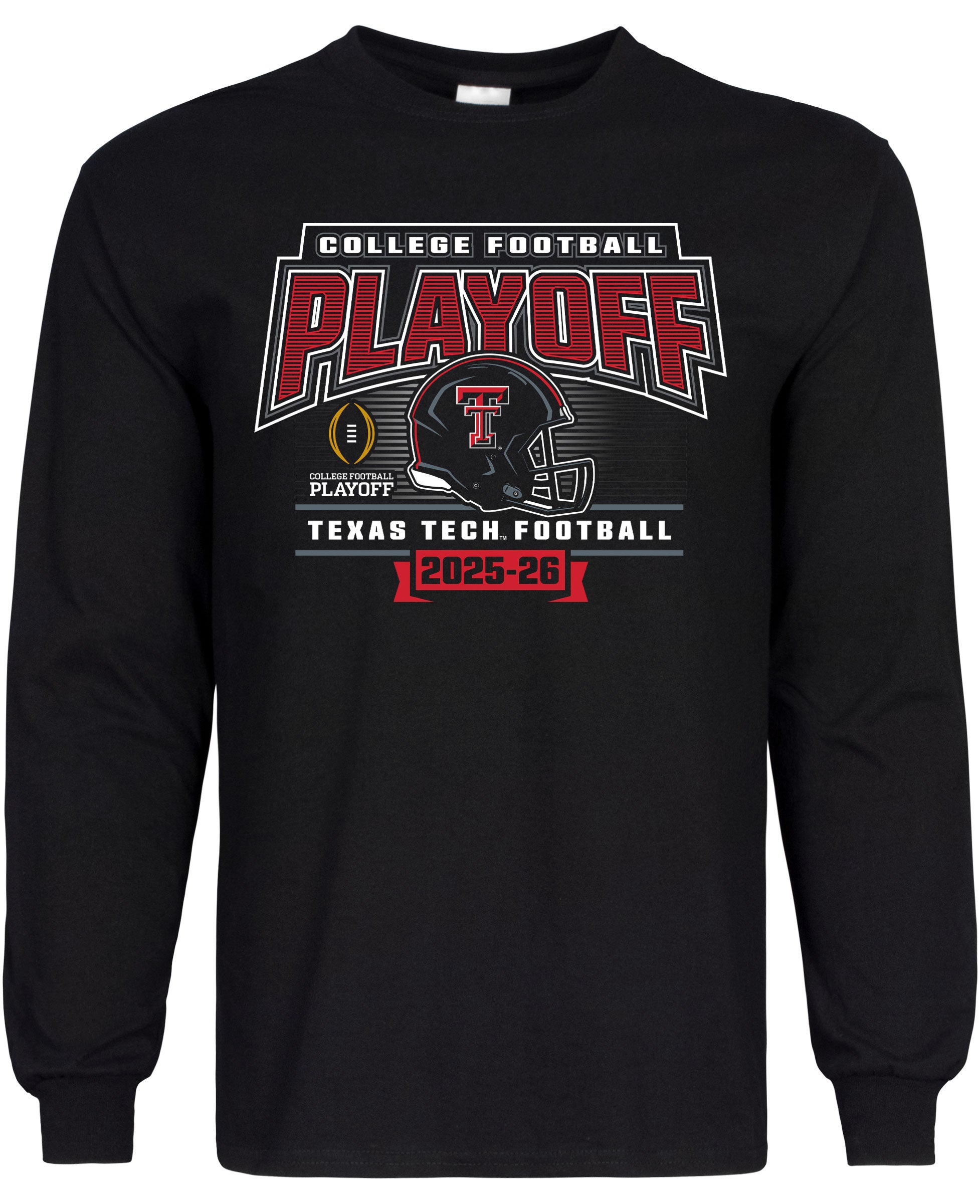 Texas Tech Red Raiders College Football Playoff (CFP) long sleeve shirt with postseason graphic and Texas Tech branding.