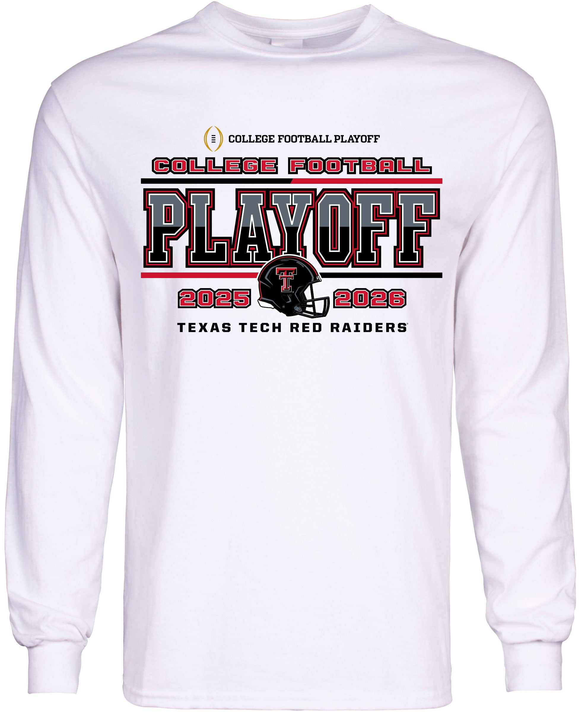 Texas Tech Red Raiders College Football Playoff (CFP) long sleeve shirt with postseason graphic and Texas Tech branding.