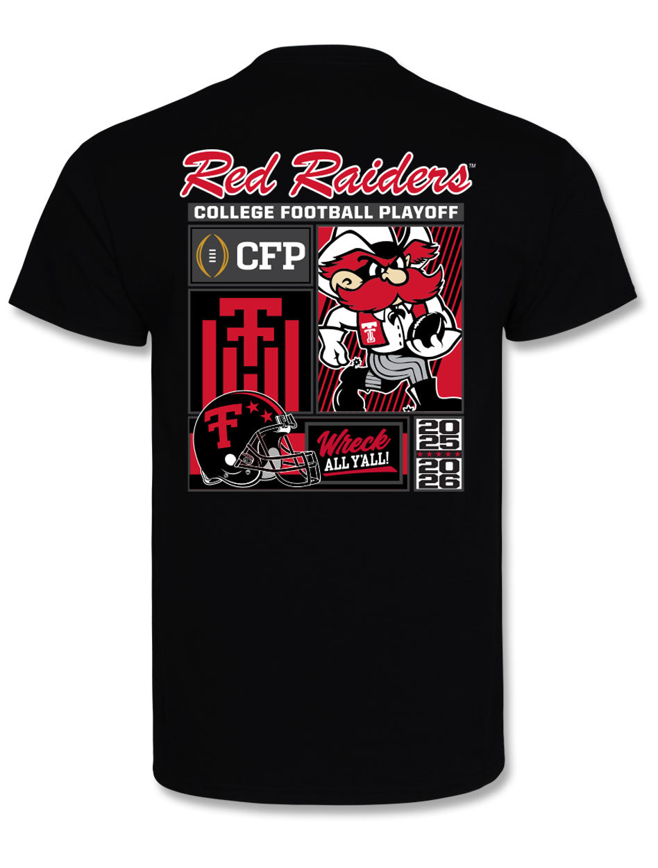 Texas Tech Red Raiders College Football Playoff (CFP) cotton t-shirt with postseason graphic and Texas Tech branding.