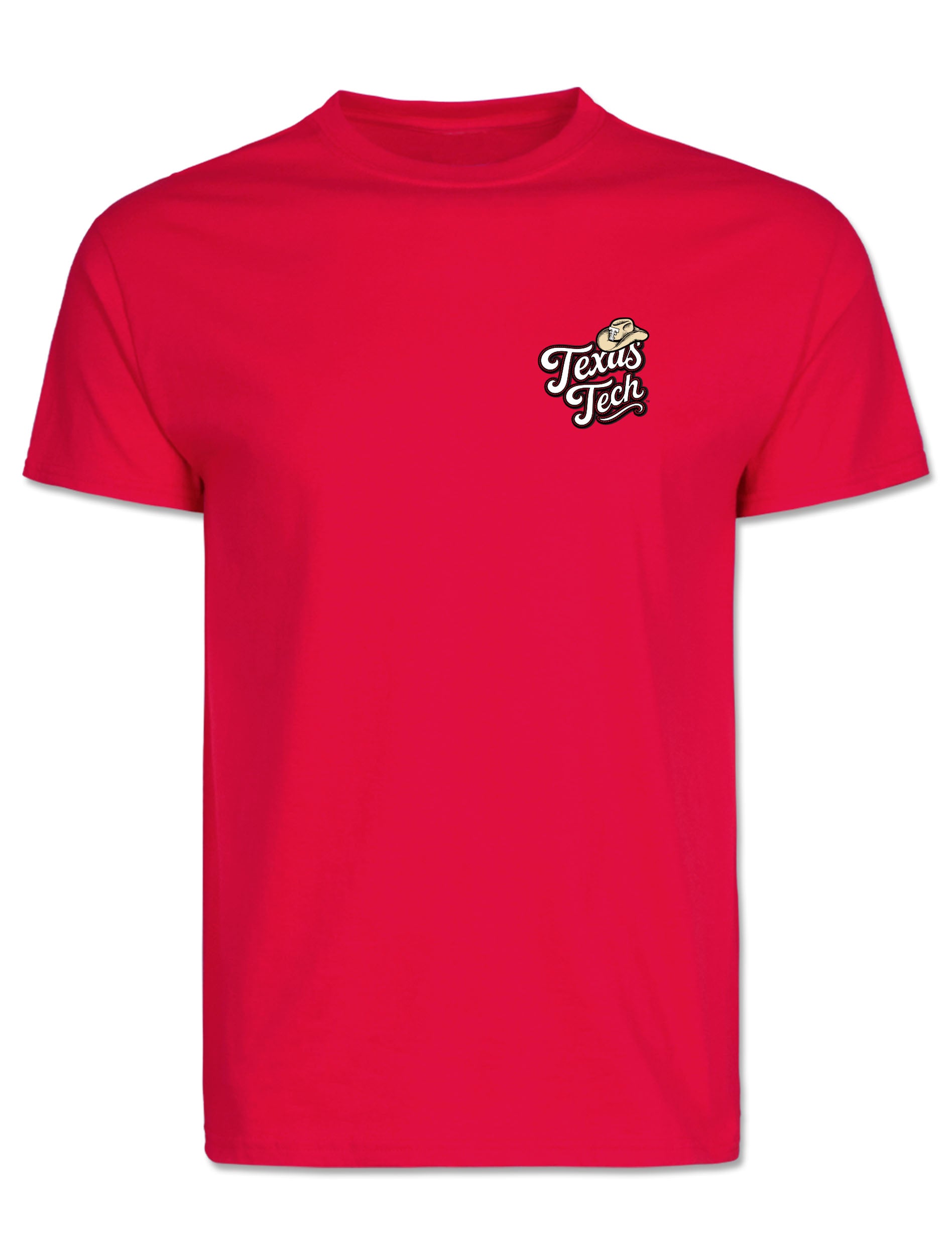 Front of the red Texas Tech “Back Roads” t-shirt with a small left chest logo reading Texas Tech in white script beneath a tan straw cowboy hat