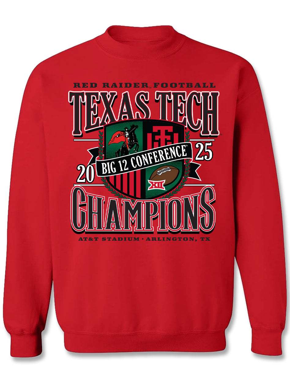 Texas Tech Red Raiders Big 12 Football Champs crewneck sweatshirt with championship graphic and team branding.