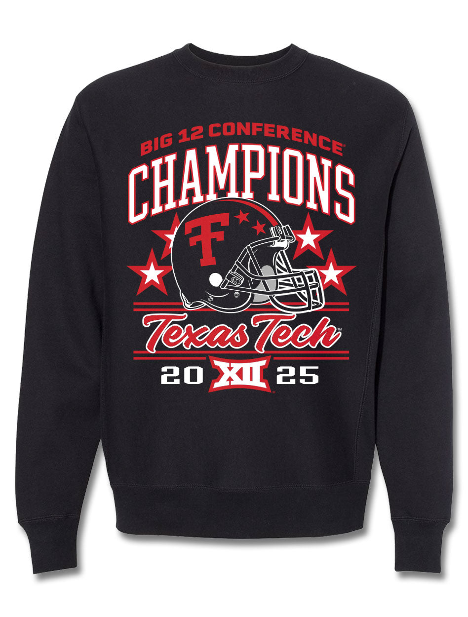 Texas Tech Red Raiders Big 12 Football Champs crewneck sweatshirt with championship graphic and team branding.