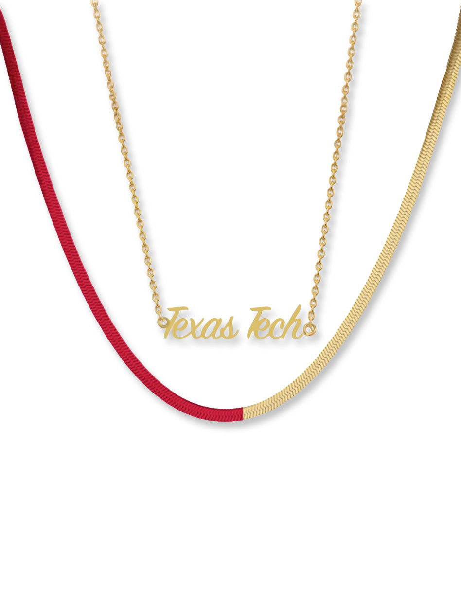 Texas Tech Women's Clothing
Texas Tech ACCESSORIES
Texas Tech Women's Accessories
Texas Tech New Products
Texas Tech Necklaces
Texas Tech layered necklace, Texas Tech cursive necklace, Texas Tech script jewelry, Red Raiders gold necklace, Texas Tech women's accessories, Texas Tech fan jewelry, Carnation necklace Texas Tech, red and gold Texas Tech necklace, Texas Tech spirit jewelry, officially licensed Texas Tech necklace