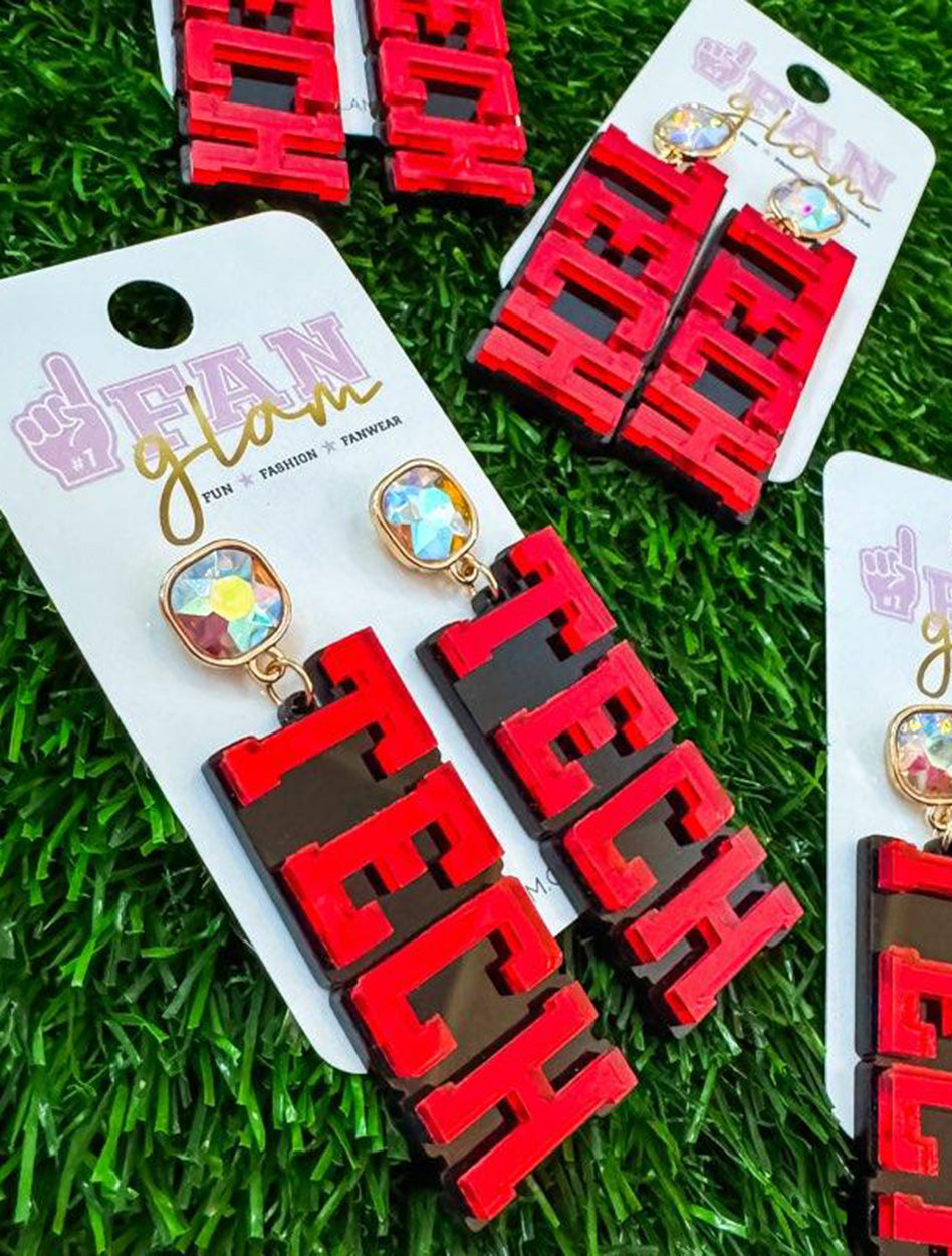Texas Tech Double Layer "TECH" with Gold Jewel Dangle Acrylic Earrings