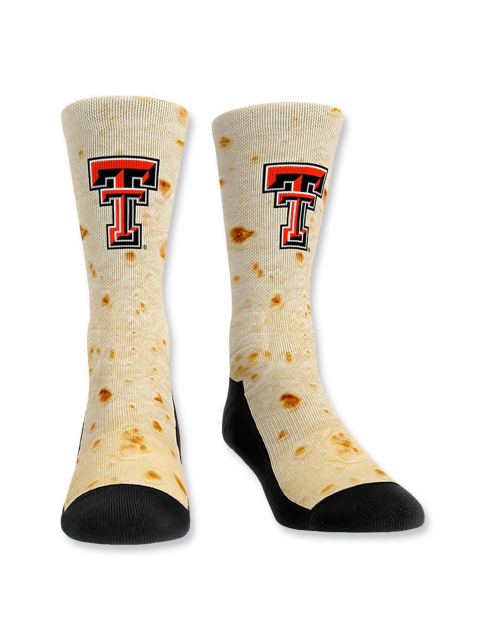Texas Tech tortilla socks, Texas Tech novelty socks, Texas Tech Double T socks, Red Raiders tortilla design socks, Texas Tech game day socks, Texas Tech funny socks, Texas Tech tortilla throw socks, Red Raiders fan gear, Texas Tech spirit wear, Texas Tech custom socks, tortilla pattern socks, Texas Tech black toe crew socks, Texas Tech fan accessories, Texas Tech men’s socks, Texas Tech women’s socks, Texas Tech tailgate gear, tortilla-themed Texas Tech merch, Texas Tech tortilla fan apparel, Texas Tech col