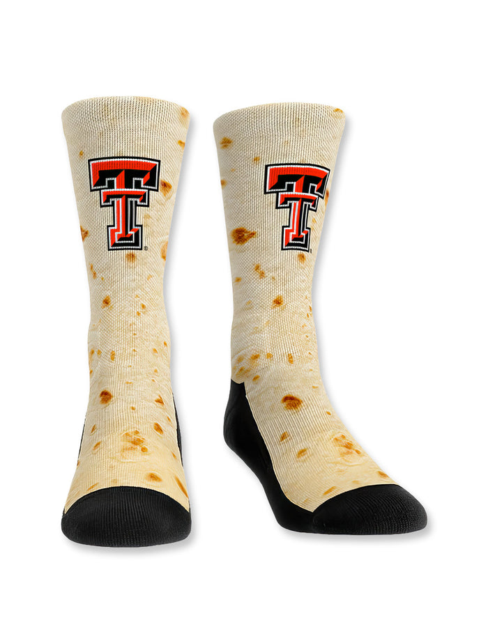 Texas Tech tortilla socks, Texas Tech novelty socks, Texas Tech Double T socks, Red Raiders tortilla design socks, Texas Tech game day socks, Texas Tech funny socks, Texas Tech tortilla throw socks, Red Raiders fan gear, Texas Tech spirit wear, Texas Tech custom socks, tortilla pattern socks, Texas Tech black toe crew socks, Texas Tech fan accessories, Texas Tech men’s socks, Texas Tech women’s socks, Texas Tech tailgate gear, tortilla-themed Texas Tech merch, Texas Tech tortilla fan apparel, Texas Tech col
