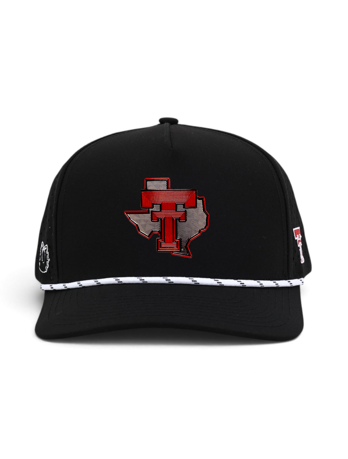 Front view of the Texas Tech Dark Horse black snapback cap showing the galvanized Texas patch centered on the crown
