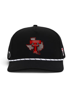 Front view of the Texas Tech Dark Horse black snapback cap showing the galvanized Texas patch centered on the crown