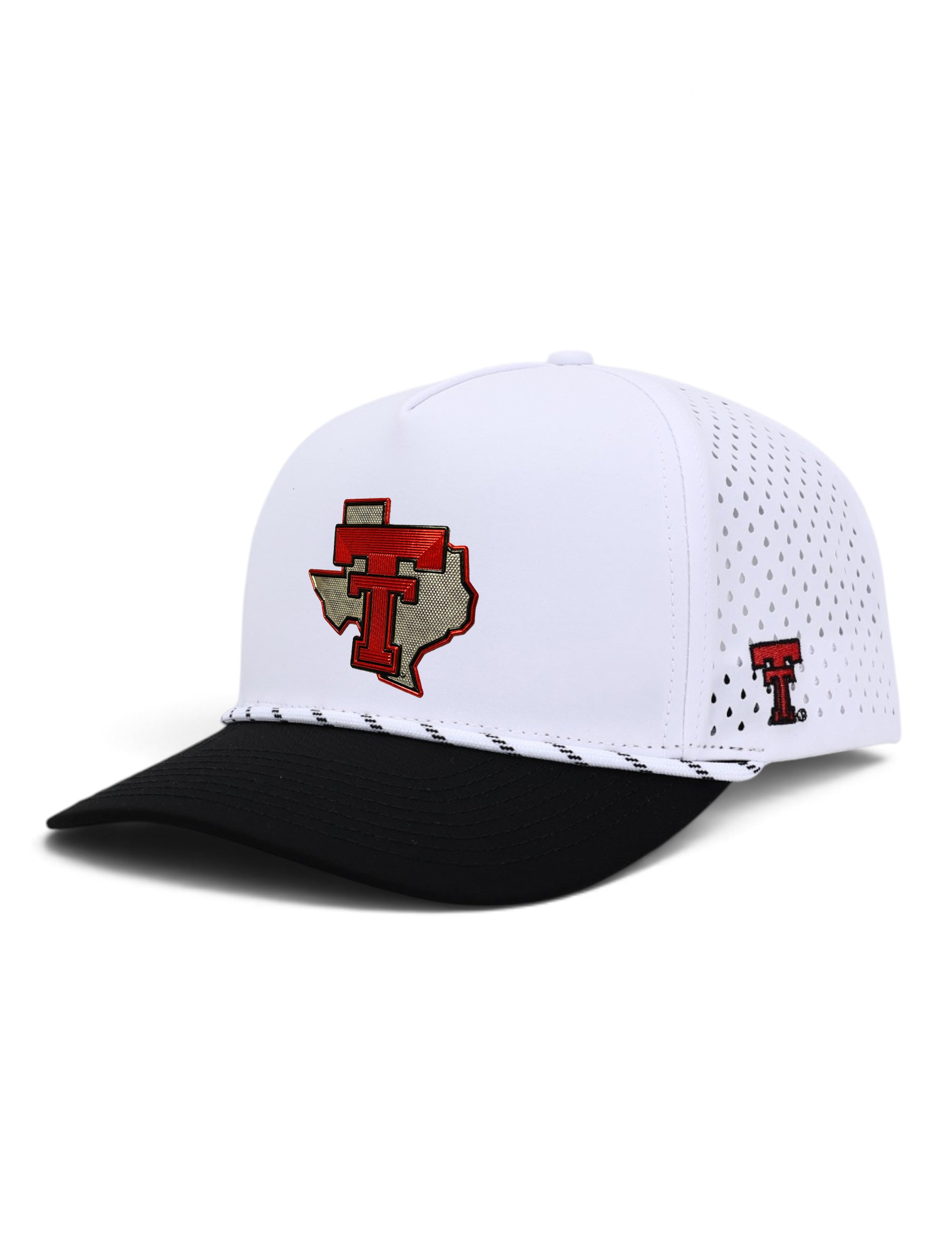 Texas Tech Dark Horse white rope cap with a black brim and a galvanized Texas patch with red Double T on the front panel