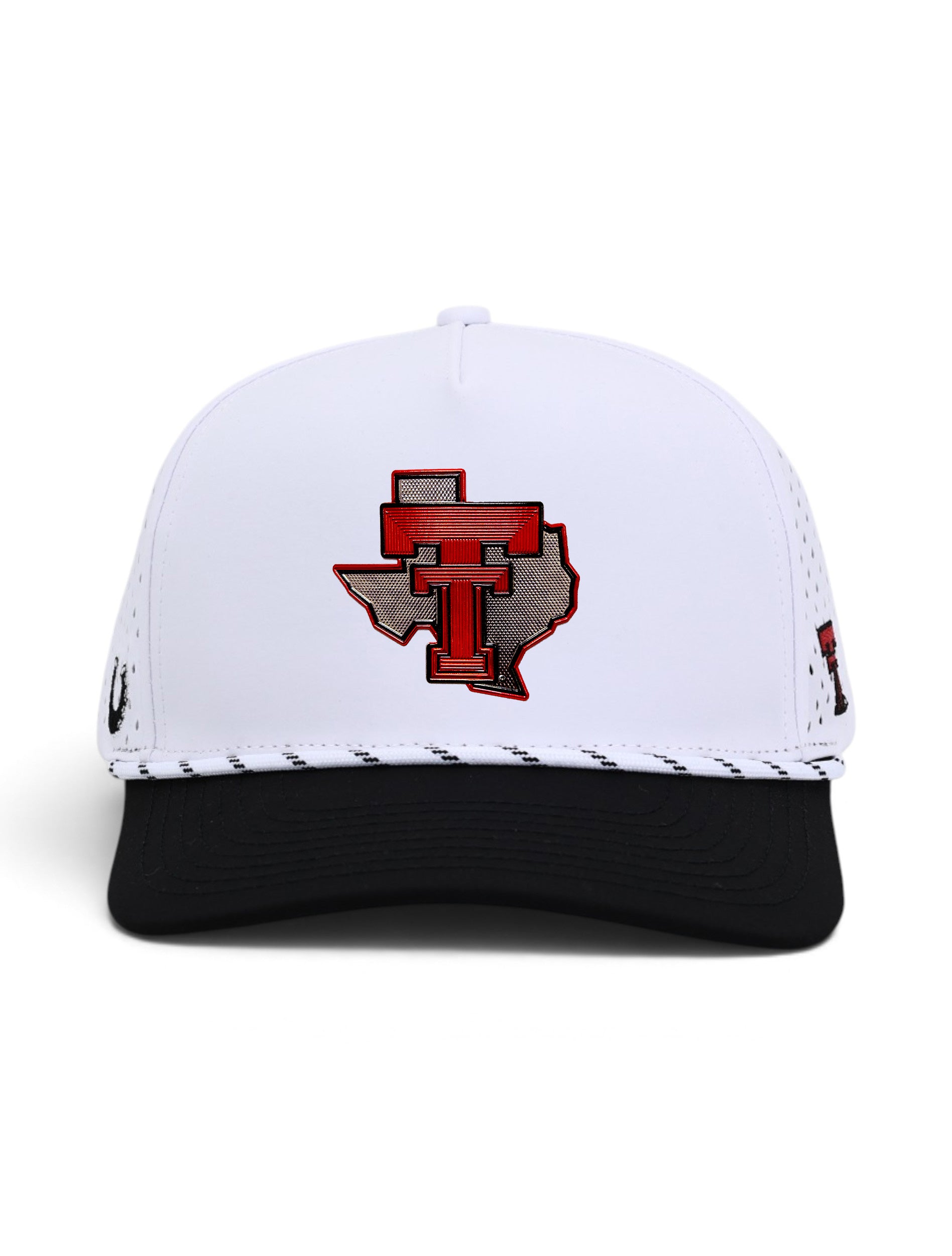 Front view of the Texas Tech Dark Horse white snapback cap showing the galvanized Texas patch centered on the crown