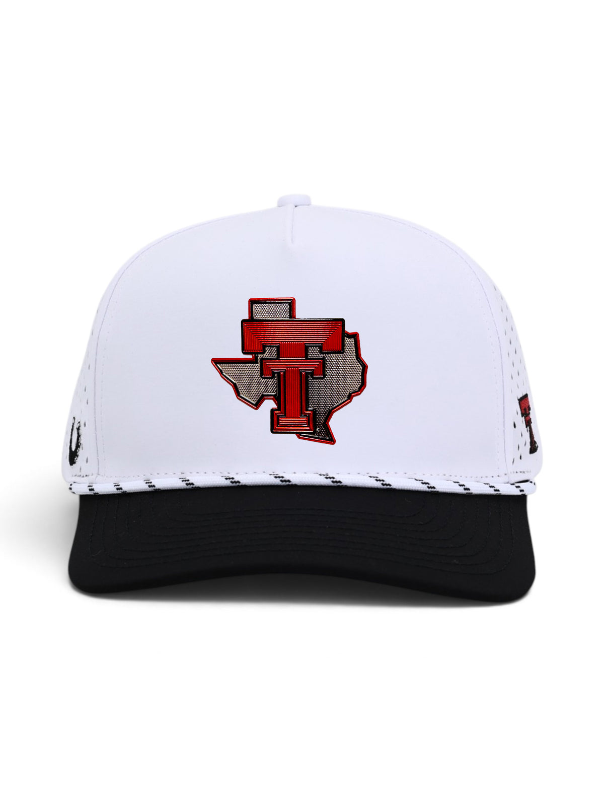 Front view of the Texas Tech Dark Horse white snapback cap showing the galvanized Texas patch centered on the crown