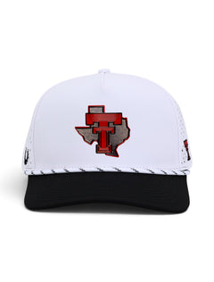 Front view of the Texas Tech Dark Horse white snapback cap showing the galvanized Texas patch centered on the crown