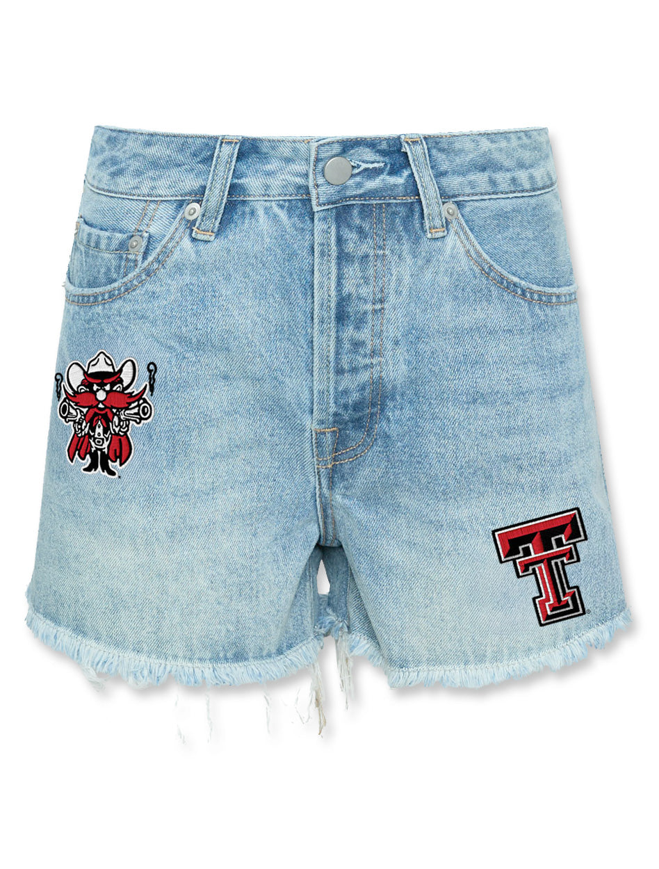 Texas Tech denim shorts, women’s Texas Tech patched shorts, Raider Red embroidered shorts, Double T jean shorts, game day denim, Texas Tech game day outfit, high-rise college shorts