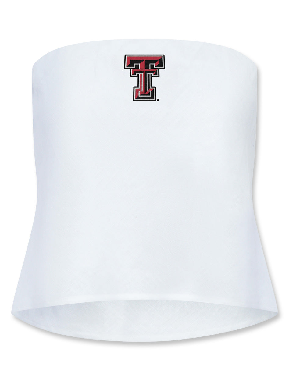 Texas Tech linen tube top, women’s Double T tube top, Red Raiders strapless top, Texas Tech game day outfit, white linen college tube top, Texas Tech minimalist fashion