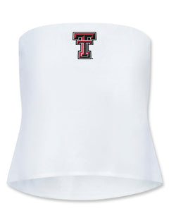 Texas Tech linen tube top, women’s Double T tube top, Red Raiders strapless top, Texas Tech game day outfit, white linen college tube top, Texas Tech minimalist fashion