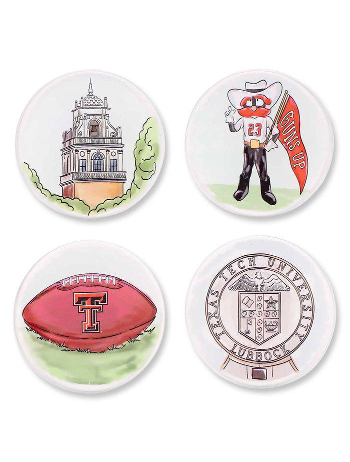 Texas Tech Red Raiders “Icons” acrylic coasters showing a campus building, Raider Red with a pennant, the Double T football, and the university seal