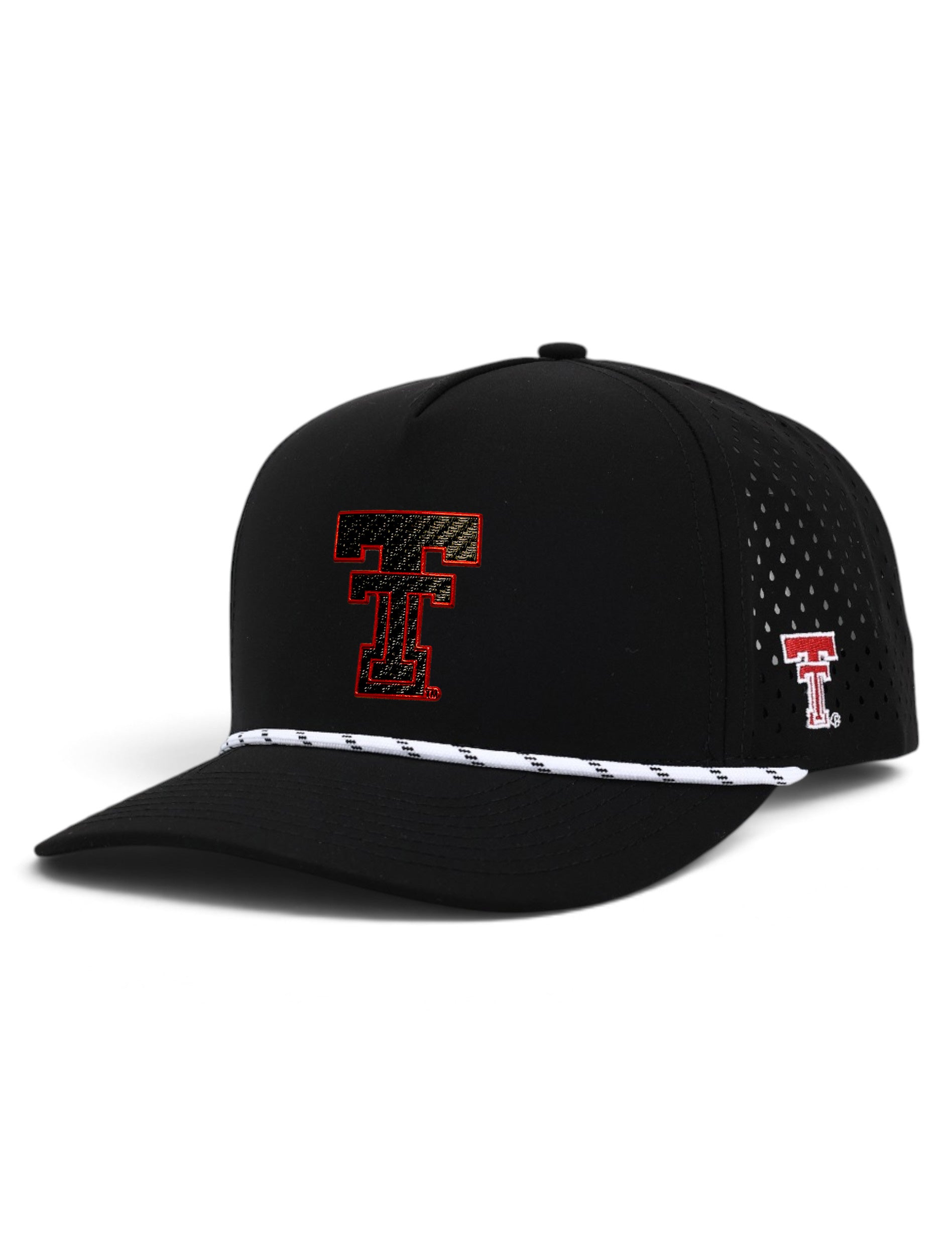 Texas Tech Dark Horse black rope cap with a carbon textured throwback Double T outlined in red on the front panel