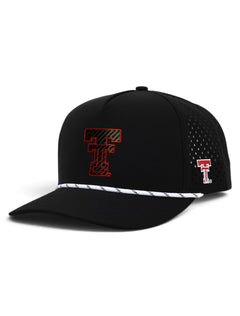 Texas Tech Dark Horse black rope cap with a carbon textured throwback Double T outlined in red on the front panel