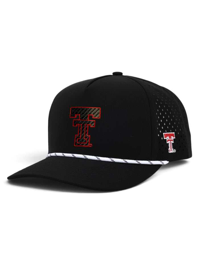 Texas Tech Dark Horse black rope cap with a carbon textured throwback Double T outlined in red on the front panel