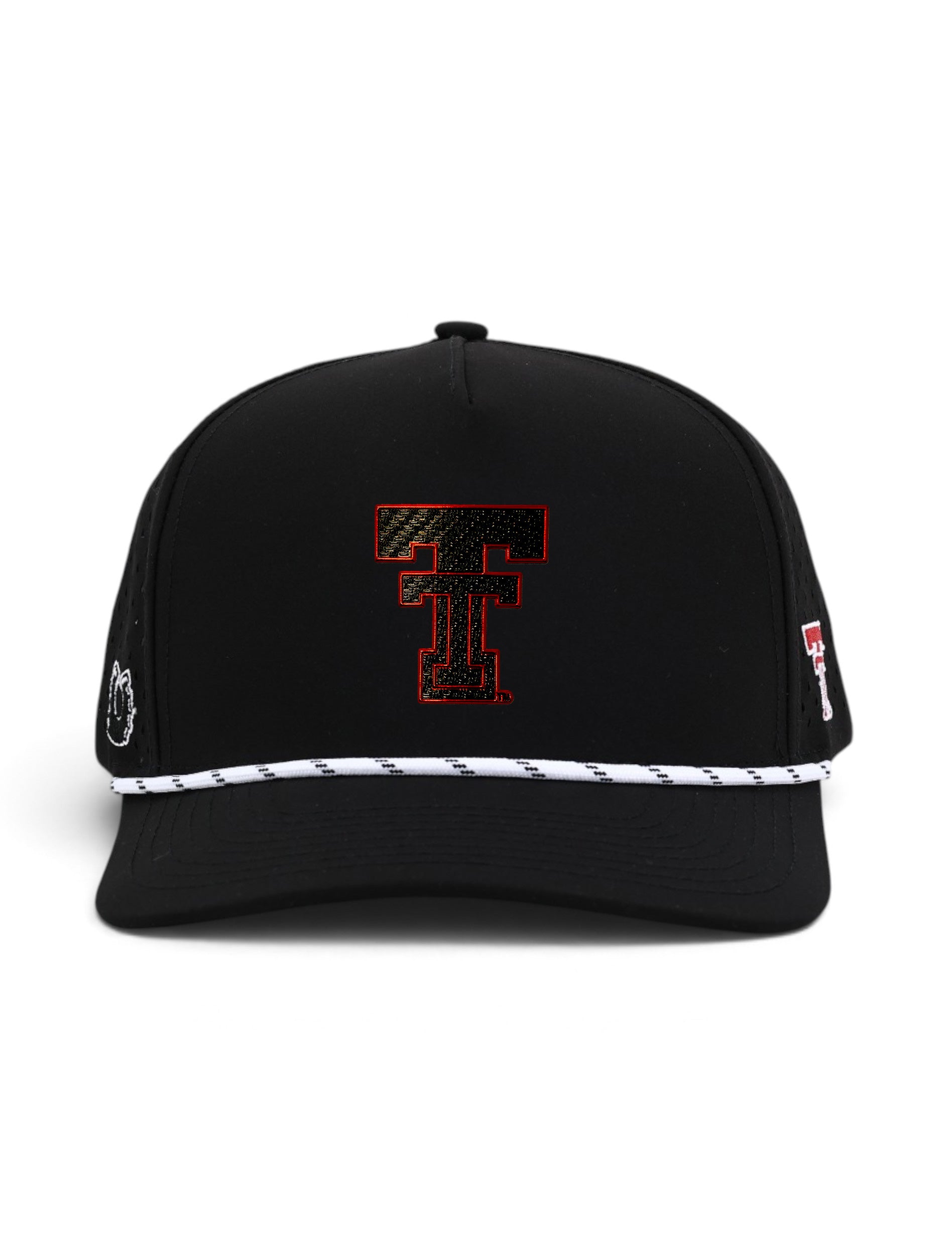 Front view of the Texas Tech Dark Horse Carbon Throwback black snapback cap showing the Double T centered on the crown
