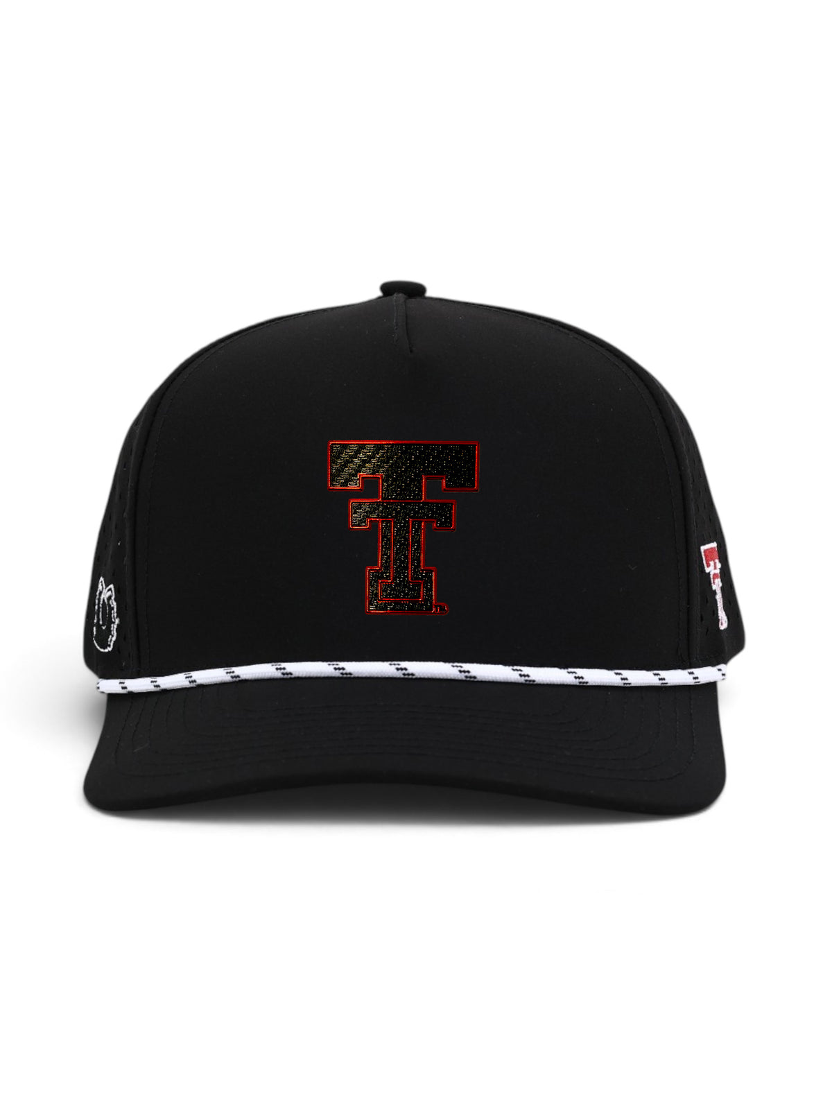 Front view of the Texas Tech Dark Horse Carbon Throwback black snapback cap showing the Double T centered on the crown