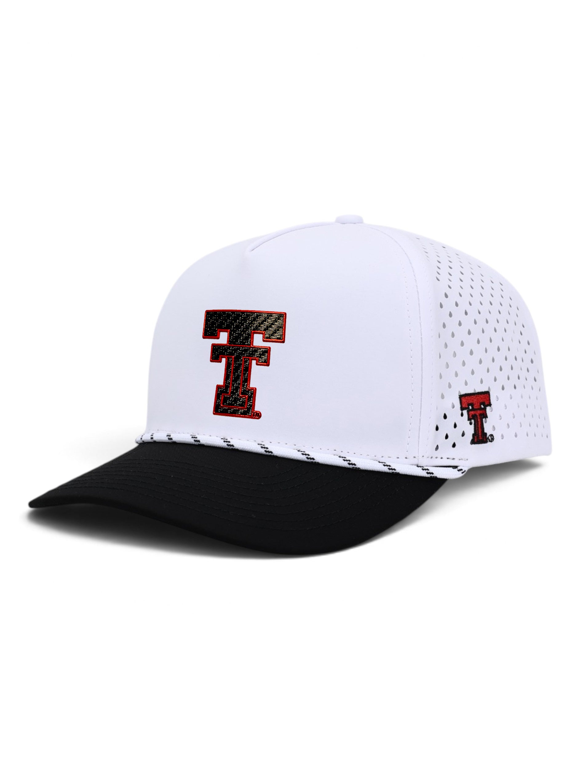 Texas Tech Dark Horse white rope cap with a black brim and a carbon textured throwback Double T outlined in red on the front panel