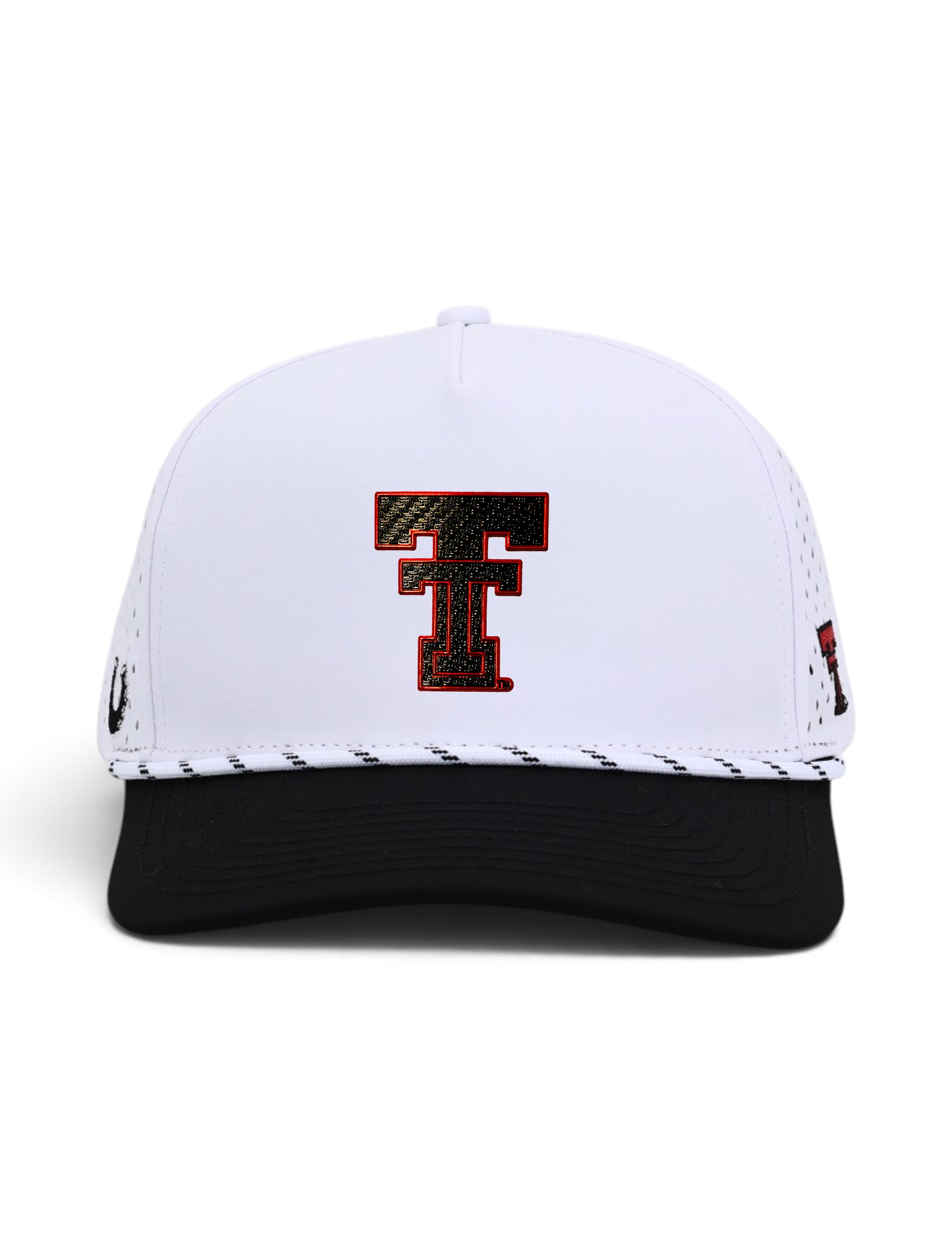 Front view of the Texas Tech Dark Horse Carbon Throwback white snapback cap showing the Double T centered on the crown