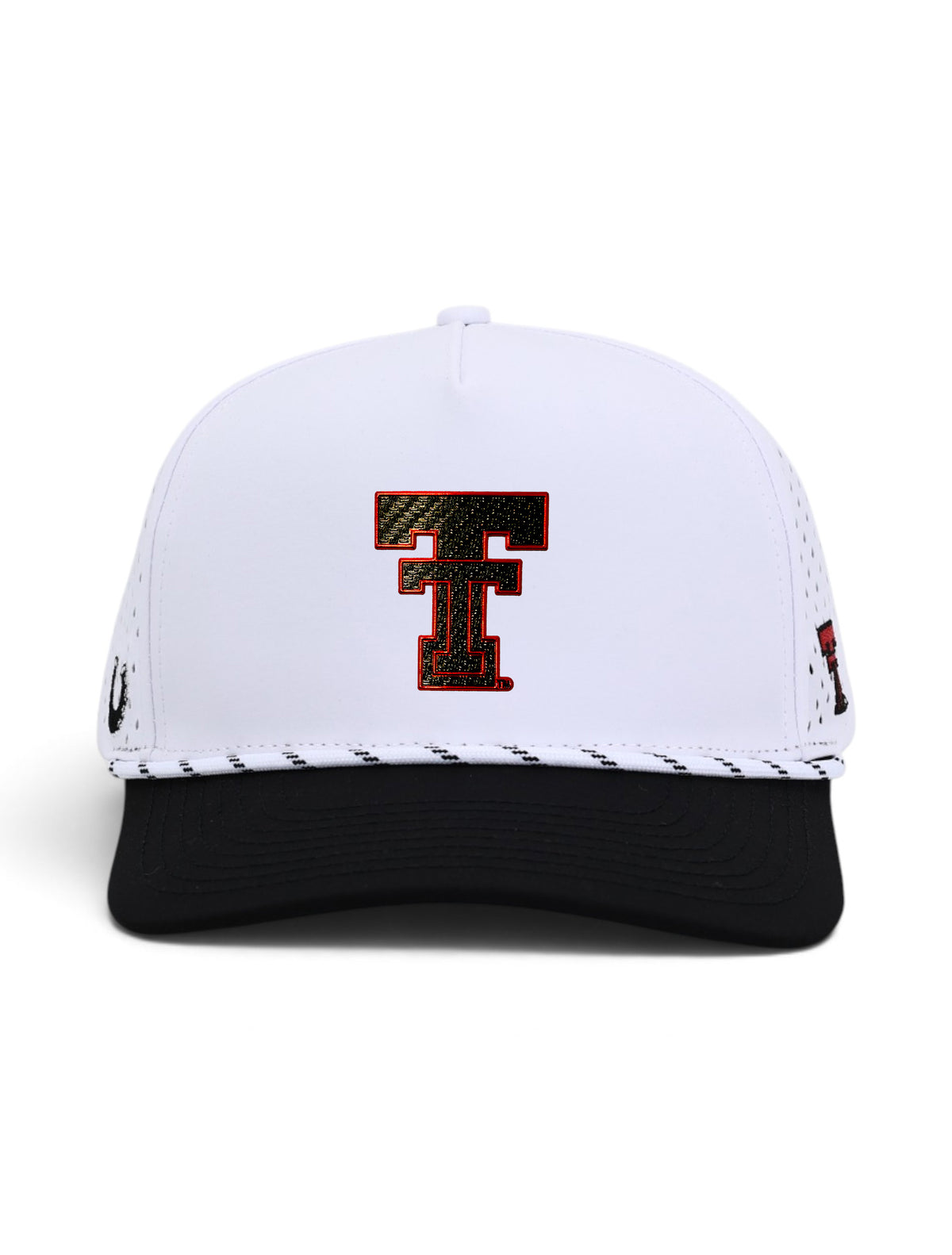 Front view of the Texas Tech Dark Horse Carbon Throwback white snapback cap showing the Double T centered on the crown