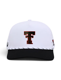 Front view of the Texas Tech Dark Horse Carbon Throwback white snapback cap showing the Double T centered on the crown