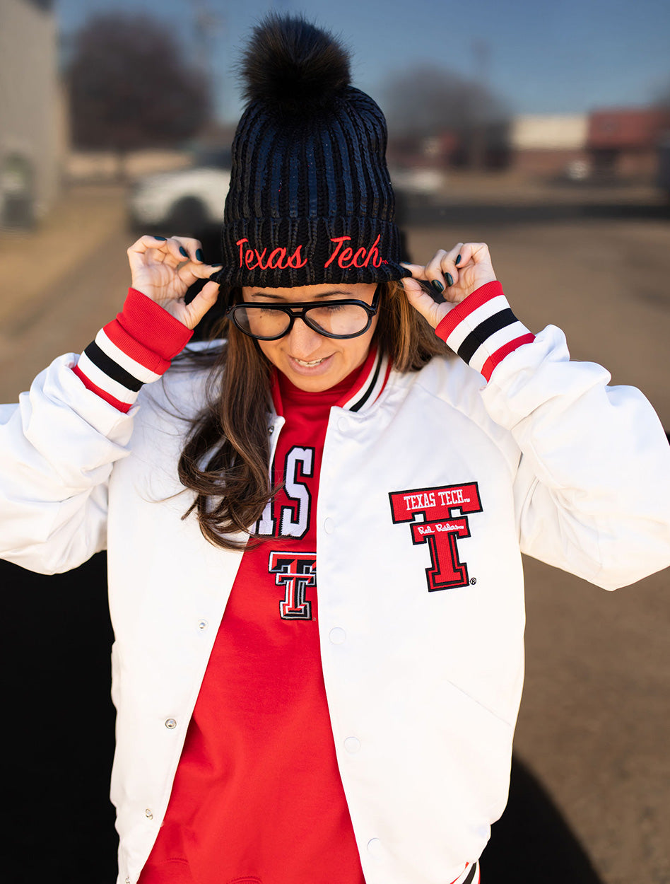 Texas Tech "Metallic" Cable Knit Fur Pom Beanie
