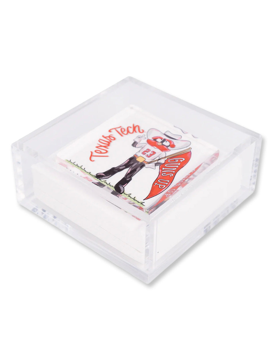 Texas Tech GIFTS
Texas Tech HOME & OFFICE
Home & Office DecorTexas Tech napkin holder

Texas Tech acrylic napkin holder

Raider Red napkin holder

Texas Tech Guns Up napkin set

Texas Tech game day tableware

Texas Tech kitchen accessories

Texas Tech tailgate napkin holder

Texas Tech party supplies

Red Raiders napkin holder with napkins

Texas Tech home and dining décor