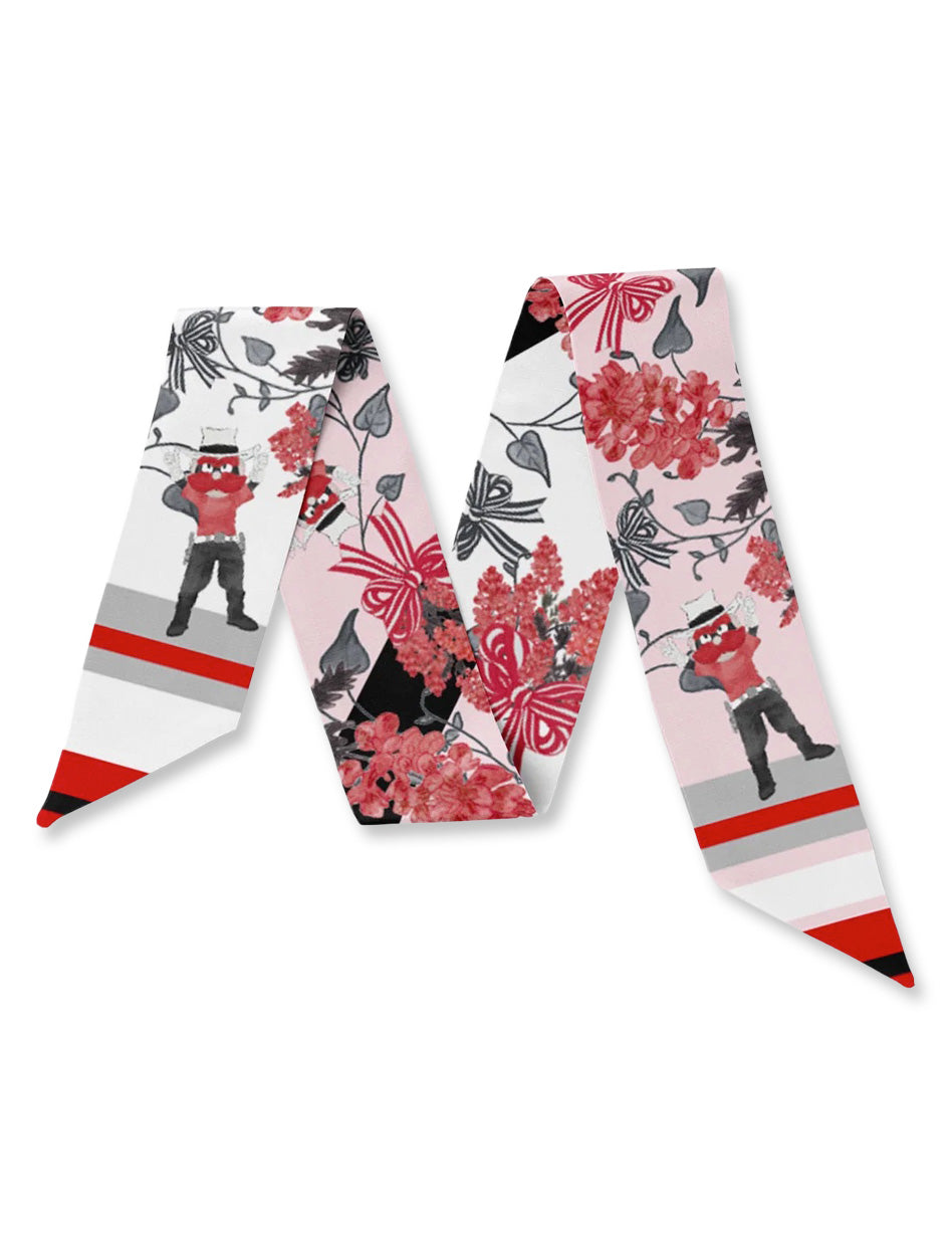 Texas Tech silk scarf, Raider Red scarf, Texas Tech skinny scarf, Texas Tech floral scarf, Texas Tech neck scarf, Red Raiders fashion accessory, Texas Tech game day scarf, Texas Tech Raider Red print, Texas Tech silk accessory, Texas Tech women’s scarf, Texas Tech gift idea, Red Raiders style accessory, Texas Tech spirit wear, Texas Tech floral print scarf, Texas Tech alumni gift, Texas Tech bandana scarf.